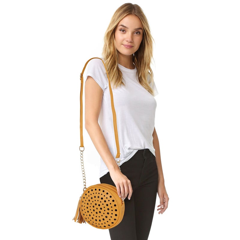 KLEIO Women's Stylish Round Double Compartment Laser Cut Cross Body Sling Bag with Tassel - Image 5